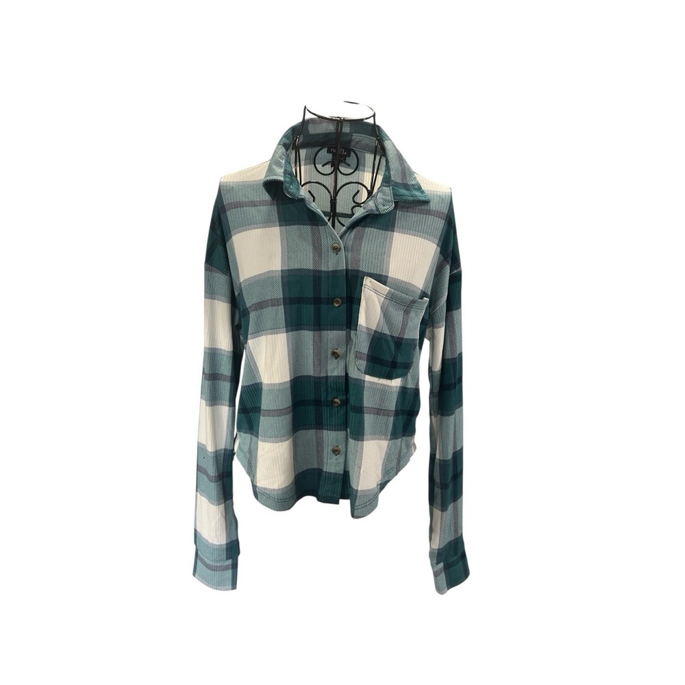 Rue 21 Crop‎ Women's Medium Top Long Sleeve Plaid Green Multi Stretch Button up